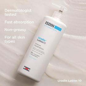 ISDIN Uradin 10 being applied to arm demonstrating quick hydration benefit