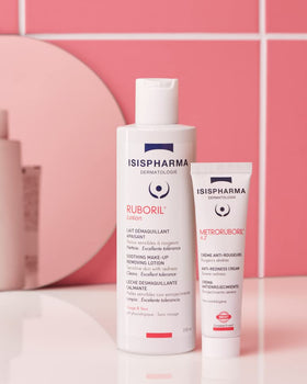 IsisPharma on bathroom shelf in lifestyle scene indicating everyday skincare integration
