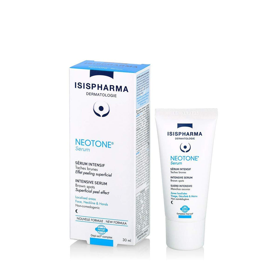 IsisPharma Neotone front bottle and packaging showing targeted serum benefits