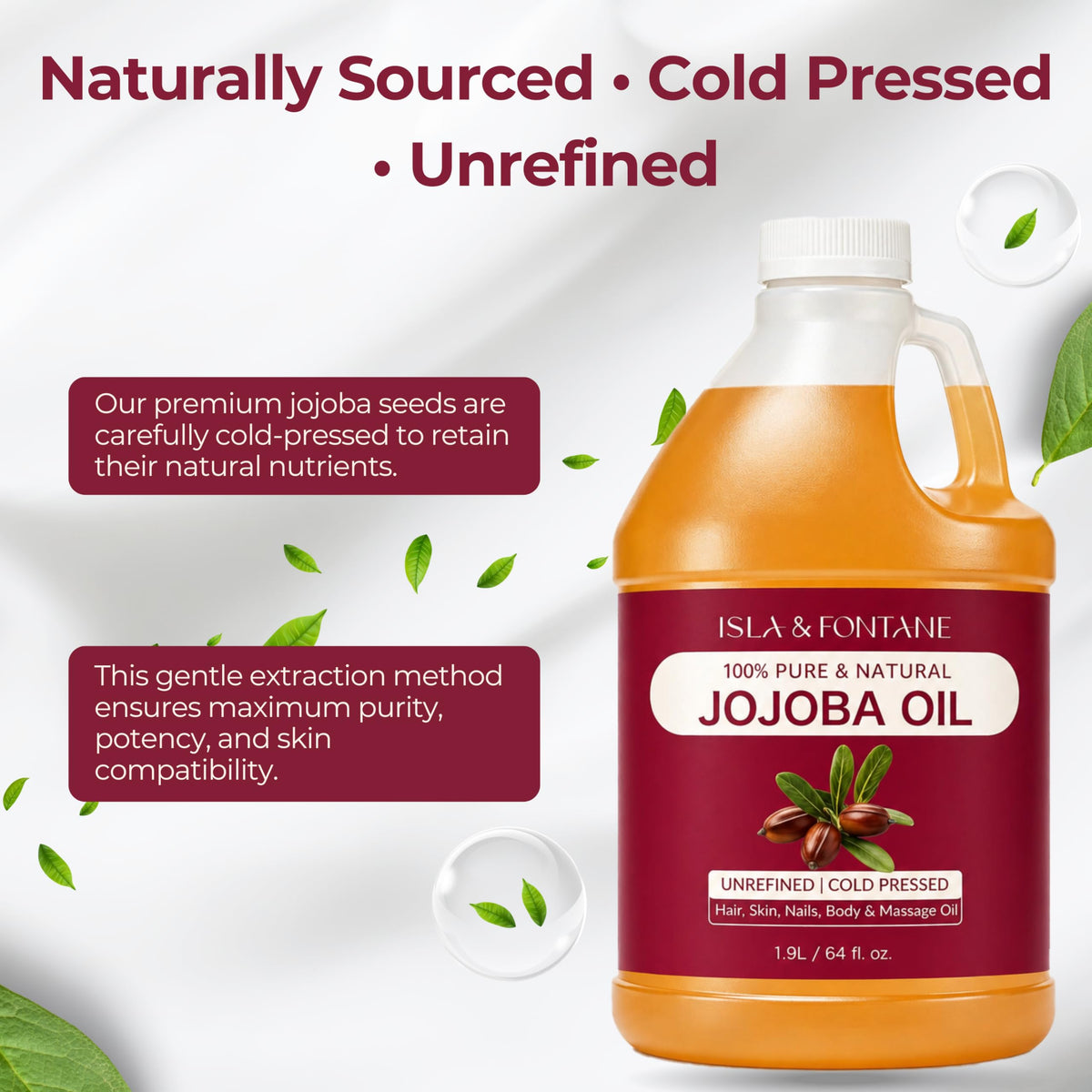 ISLA & FONTANE close-up of label highlighting cold-pressed and hexane-free benefits