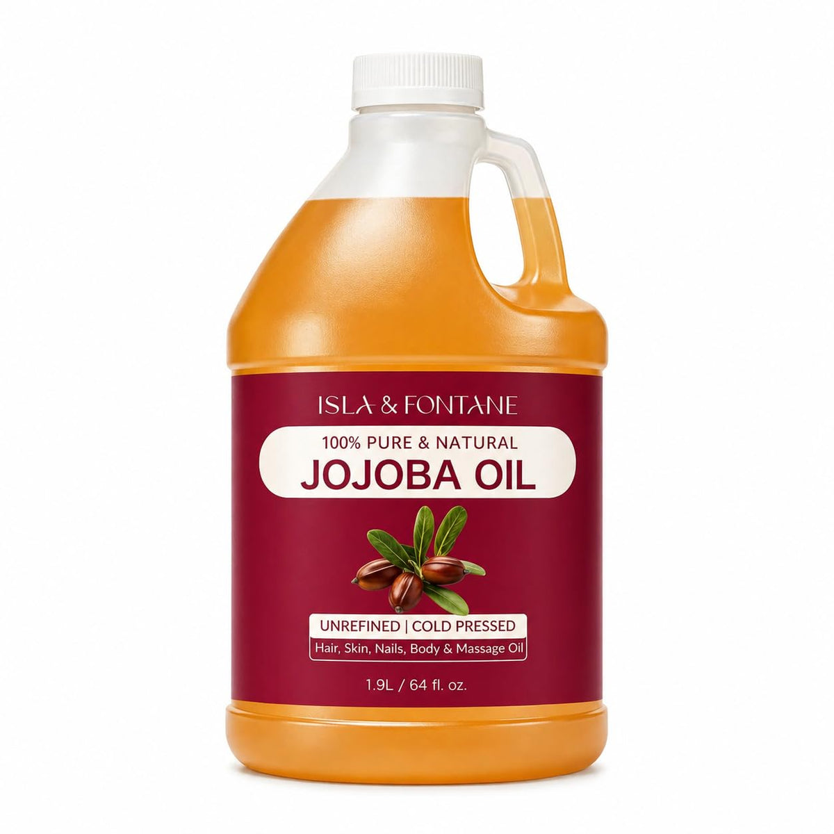 ISLA & FONTANE front view of gallon jojoba oil showing packaging and value