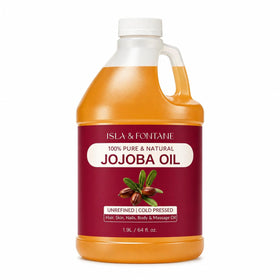 ISLA & FONTANE front view of gallon jojoba oil showing packaging and value