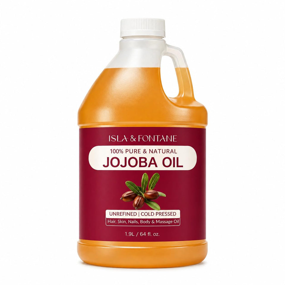 ISLA & FONTANE front view of gallon jojoba oil showing packaging and value