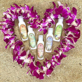 Island Soap & Candle Works bottle on bathroom vanity evoking Hawaiian relaxation benefit