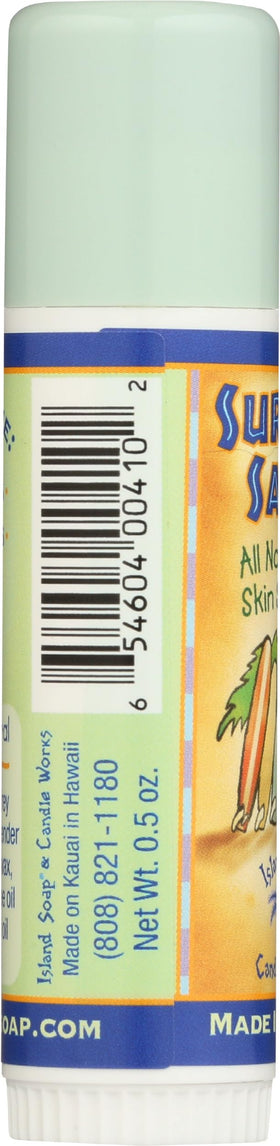 Island Soap Surfer’s Salve applied to lips demonstrating quick relief on the go