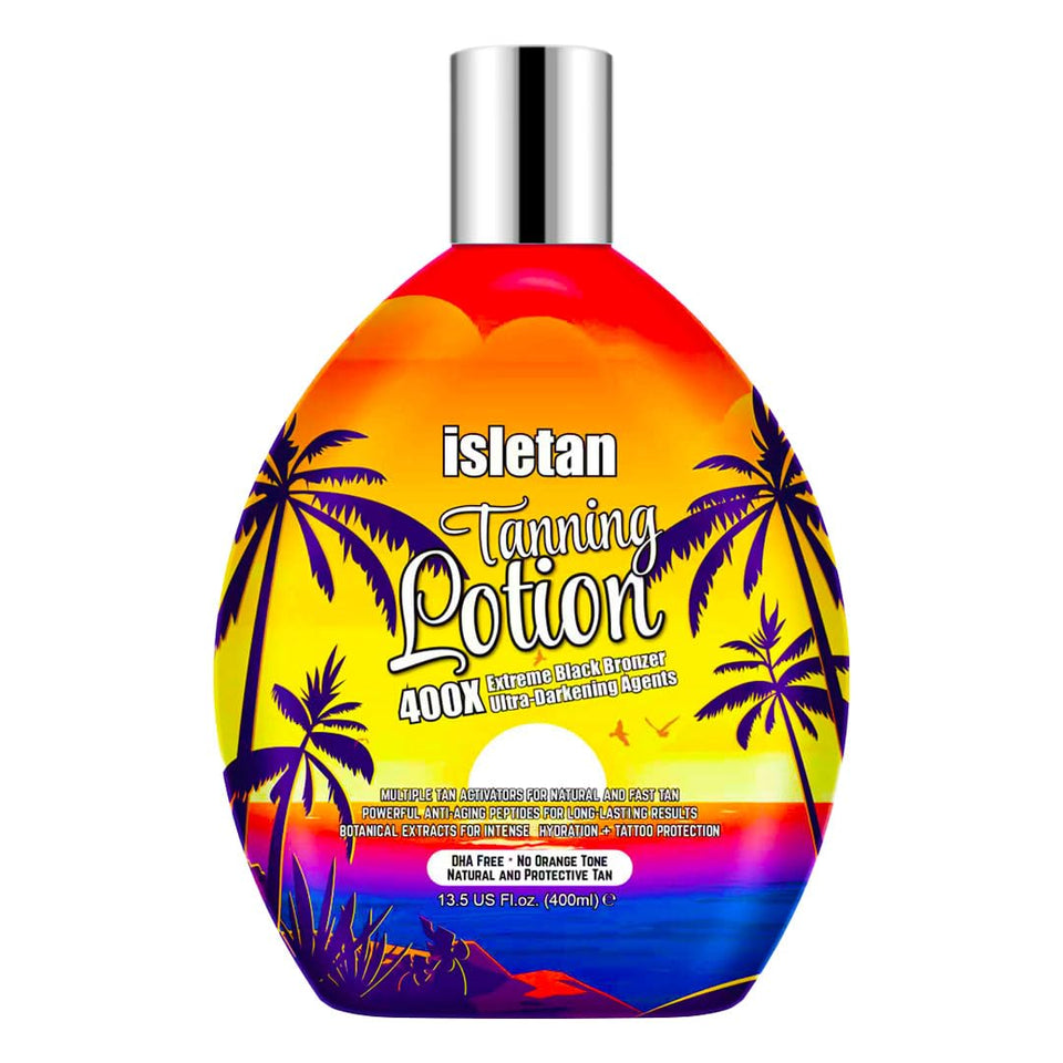 isletan front bottle 13.5oz showing packaging and fast bronzing benefit