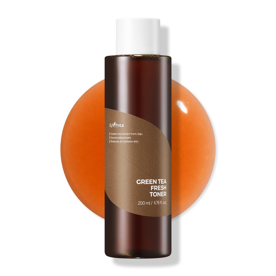 ISNTREE front bottle showing sleek packaging and calming green label benefits