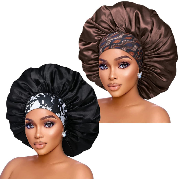 Isshin Beauty bonnet front view showing black and coffee pair, protects hair overnight