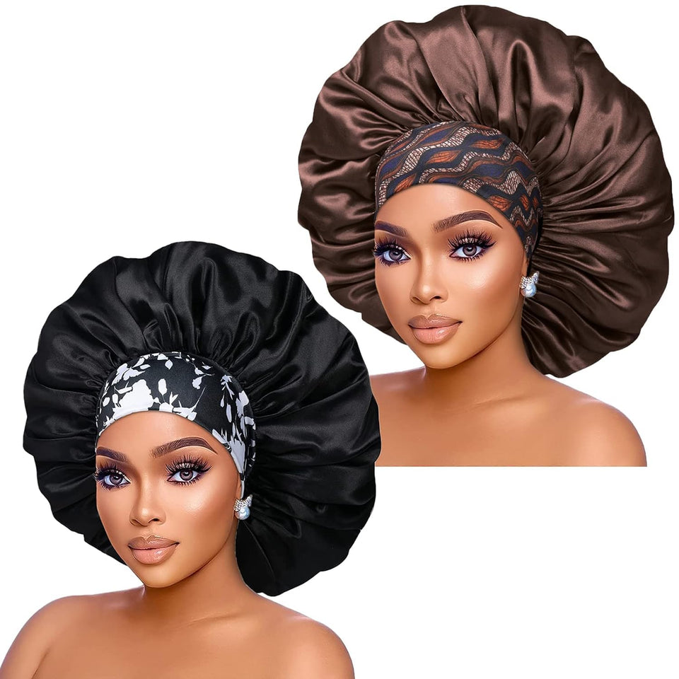 Isshin Beauty bonnet front view showing black and coffee pair, protects hair overnight