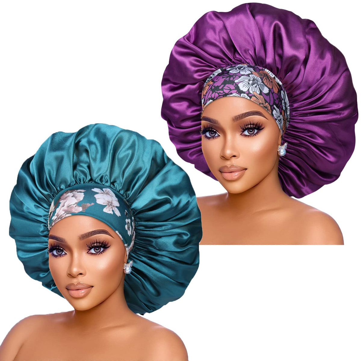 Isshin Beauty front view of purple and teal bonnets showing colors and roomy fit