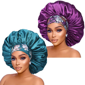 Isshin Beauty front view of purple and teal bonnets showing colors and roomy fit