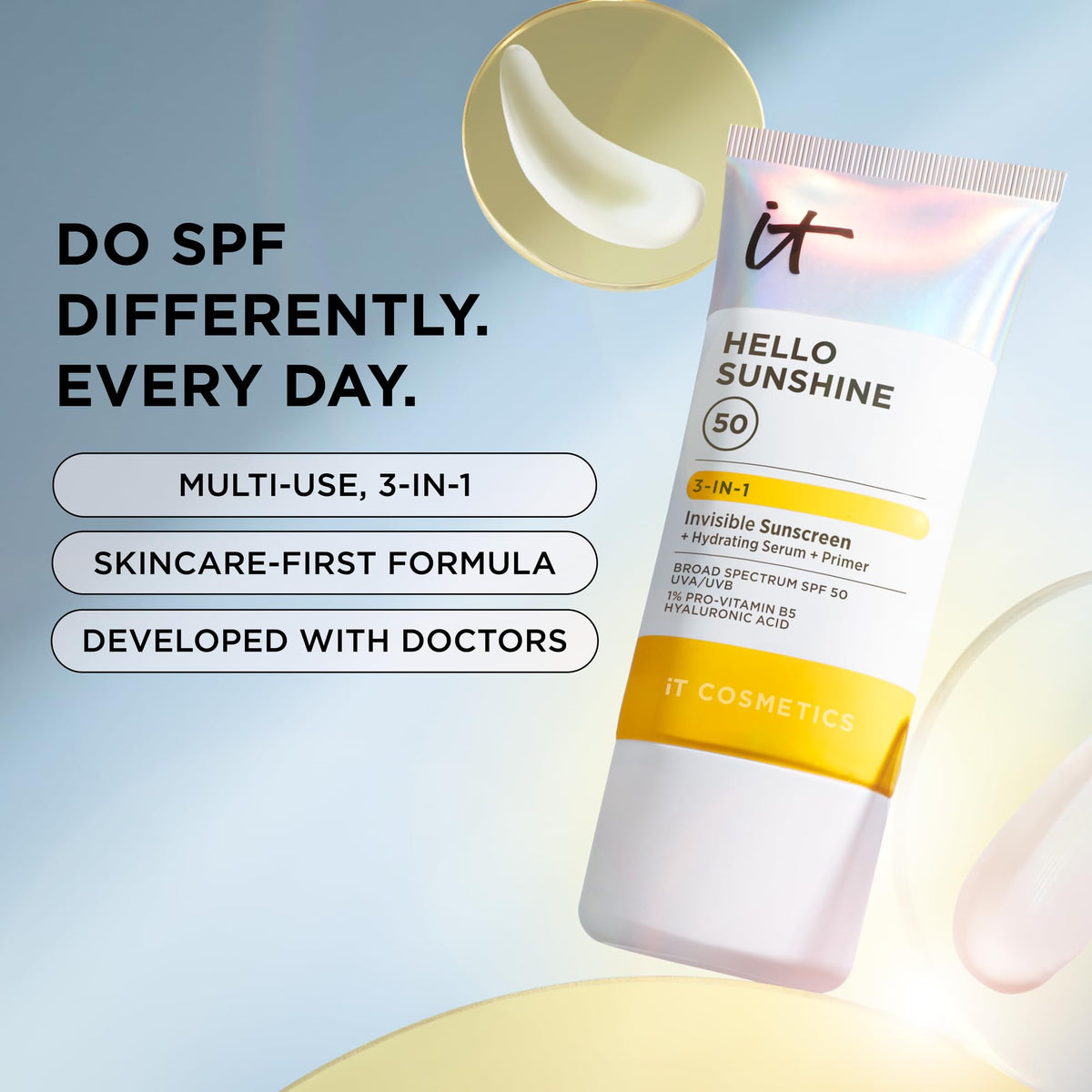 IT Cosmetics hand swipe applying clear sunscreen showing quick absorption benefit