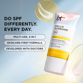 IT Cosmetics hand swipe applying clear sunscreen showing quick absorption benefit