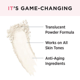 IT Cosmetics open jar revealing fine translucent powder texture, blurring benefit