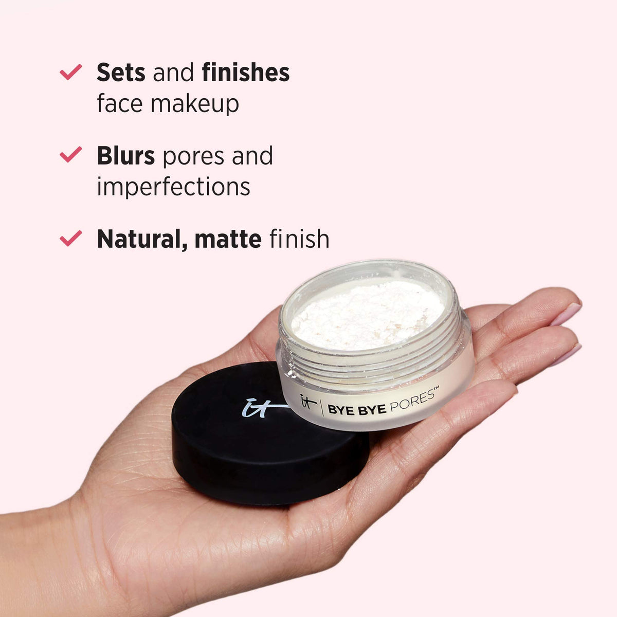 IT Cosmetics powder set under eye over concealer, shows crease prevention benefit
