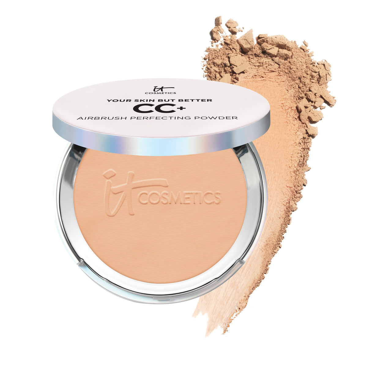 IT Cosmetics front compact view showing medium shade and clean packaging benefit of portability