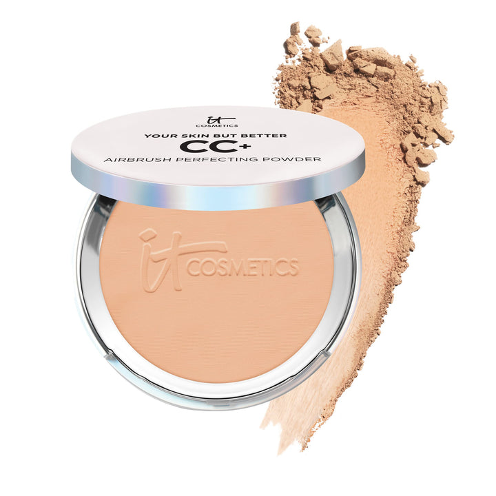 IT Cosmetics front compact view showing medium shade and clean packaging benefit of portability