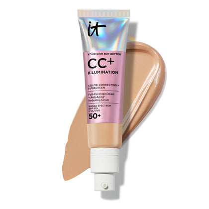 IT Cosmetics bottle front packaging showing Neutral Tan shade and benefits