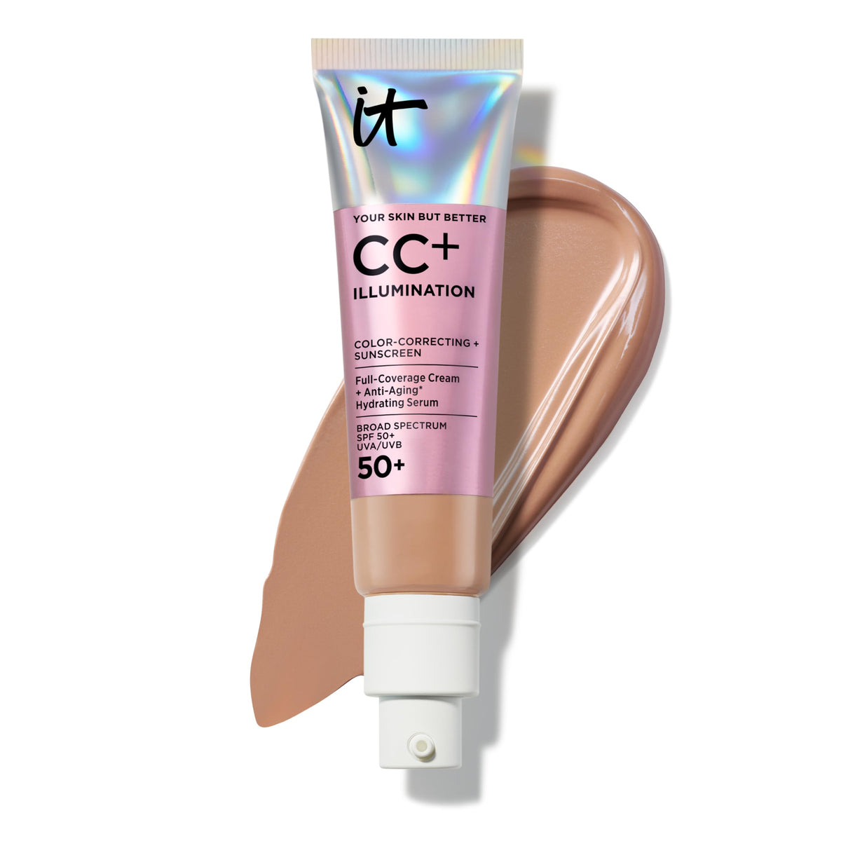 IT Cosmetics front packaging of CC+ Cream Illumination Tan showing product benefits and SPF 50+