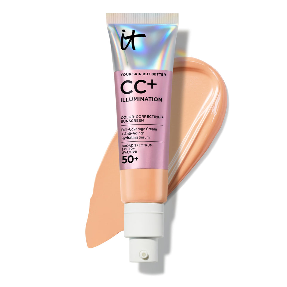 IT Cosmetics front packaging of CC+ Cream Medium Tan showing product name and finish benefit