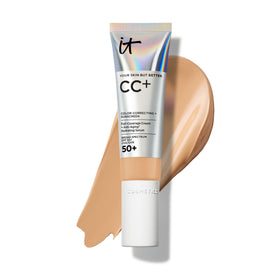 IT Cosmetics CC+ Cream front packaging showing product bottle and shade Medium Tan benefit coverage