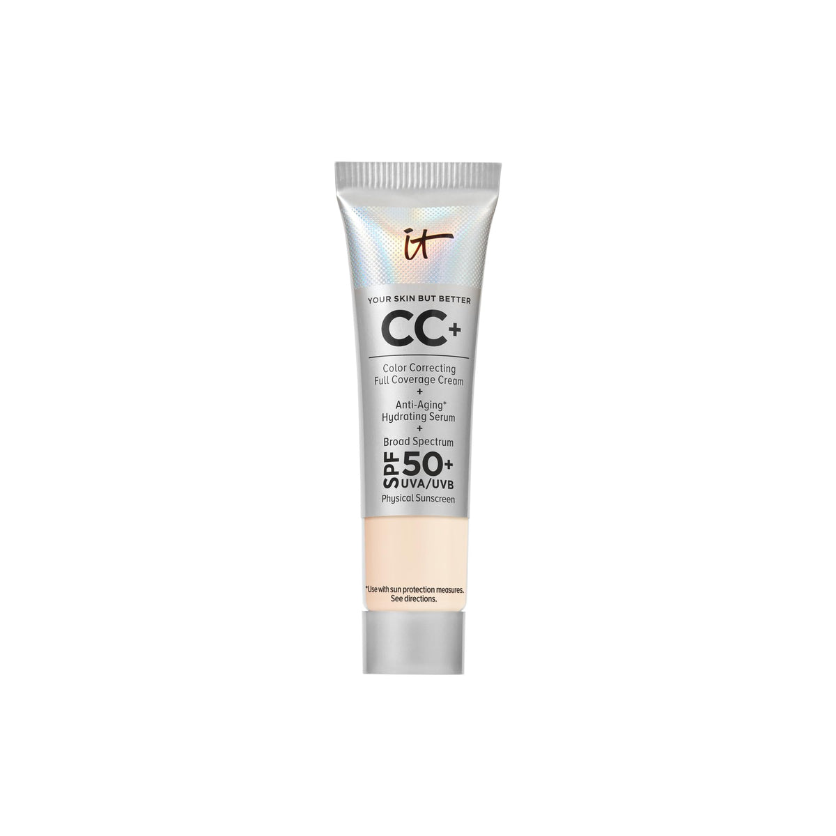 IT Cosmetics travel tube front view showing compact, travel-friendly design benefit