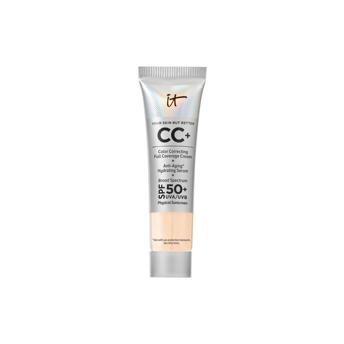 IT Cosmetics travel tube front view showing compact design and SPF 50+ protection