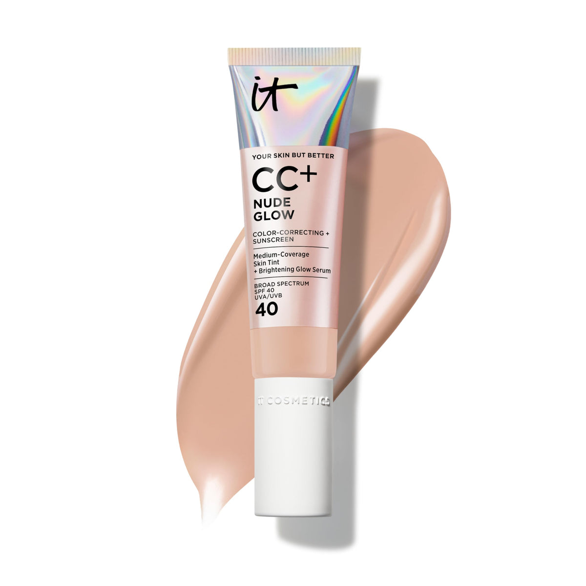 IT Cosmetics front tube view showing sleek packaging and easy pump, promotes convenient application