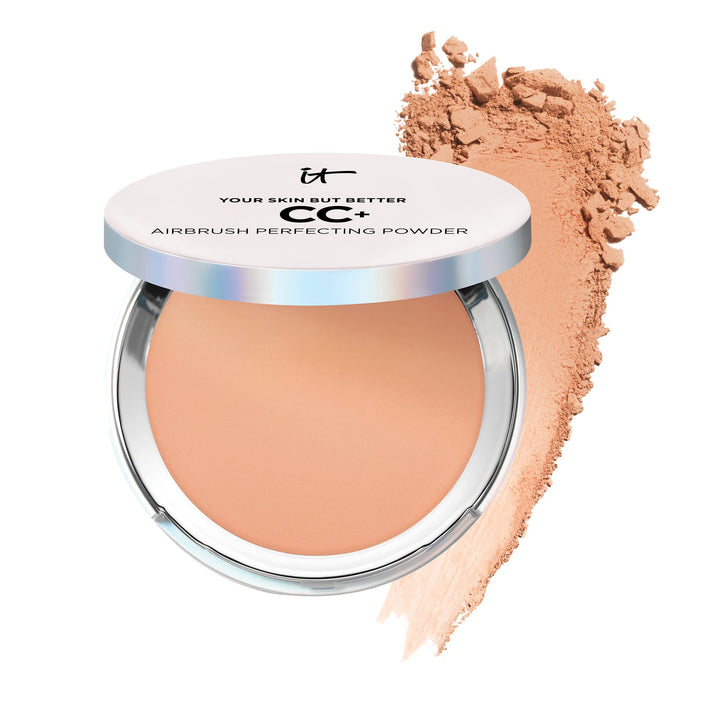 IT Cosmetics compact front view showing pressed powder and mirror for polished finish