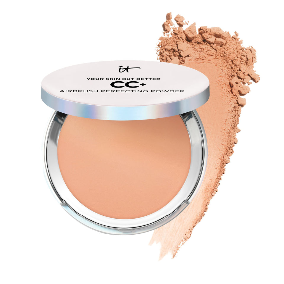 IT Cosmetics compact front view showing pressed powder and mirror for polished finish