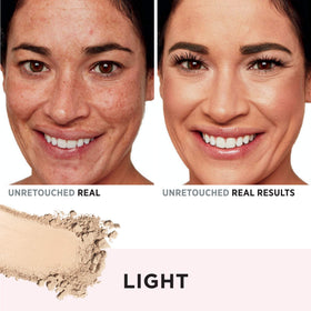 IT Cosmetics powder applied with brush demonstrating buildable coverage and pore-blurring benefit