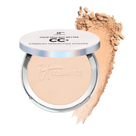 IT Cosmetics compact front view showing sleek packaging and shade labeling for easy selection