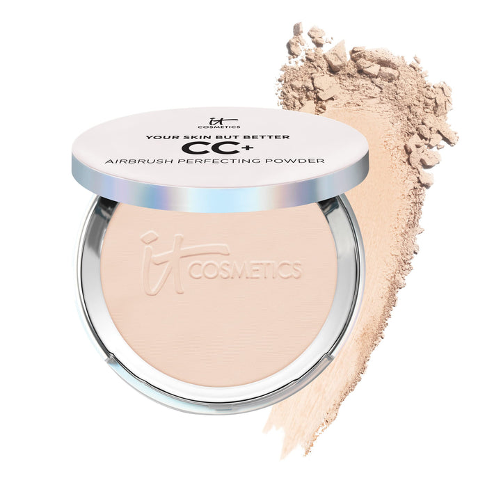 IT Cosmetics compact front view showing fair shade and sleek packaging benefits portability