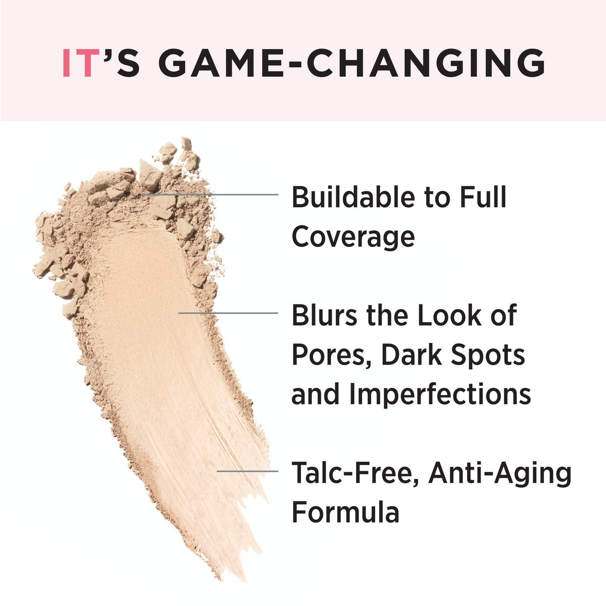 IT Cosmetics powder texture close-up revealing fine, blurring pigments for smooth finish