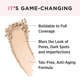 IT Cosmetics powder texture close-up revealing fine, blurring pigments for smooth finish