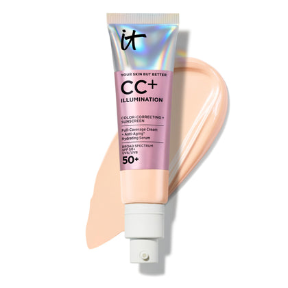 IT Cosmetics CC+ Cream Illumination fair front packaging showing bottle and cap benefit: travel-ready protection