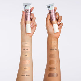 IT Cosmetics open cap with ingredients label showing collagen, peptides and sunscreen benefits