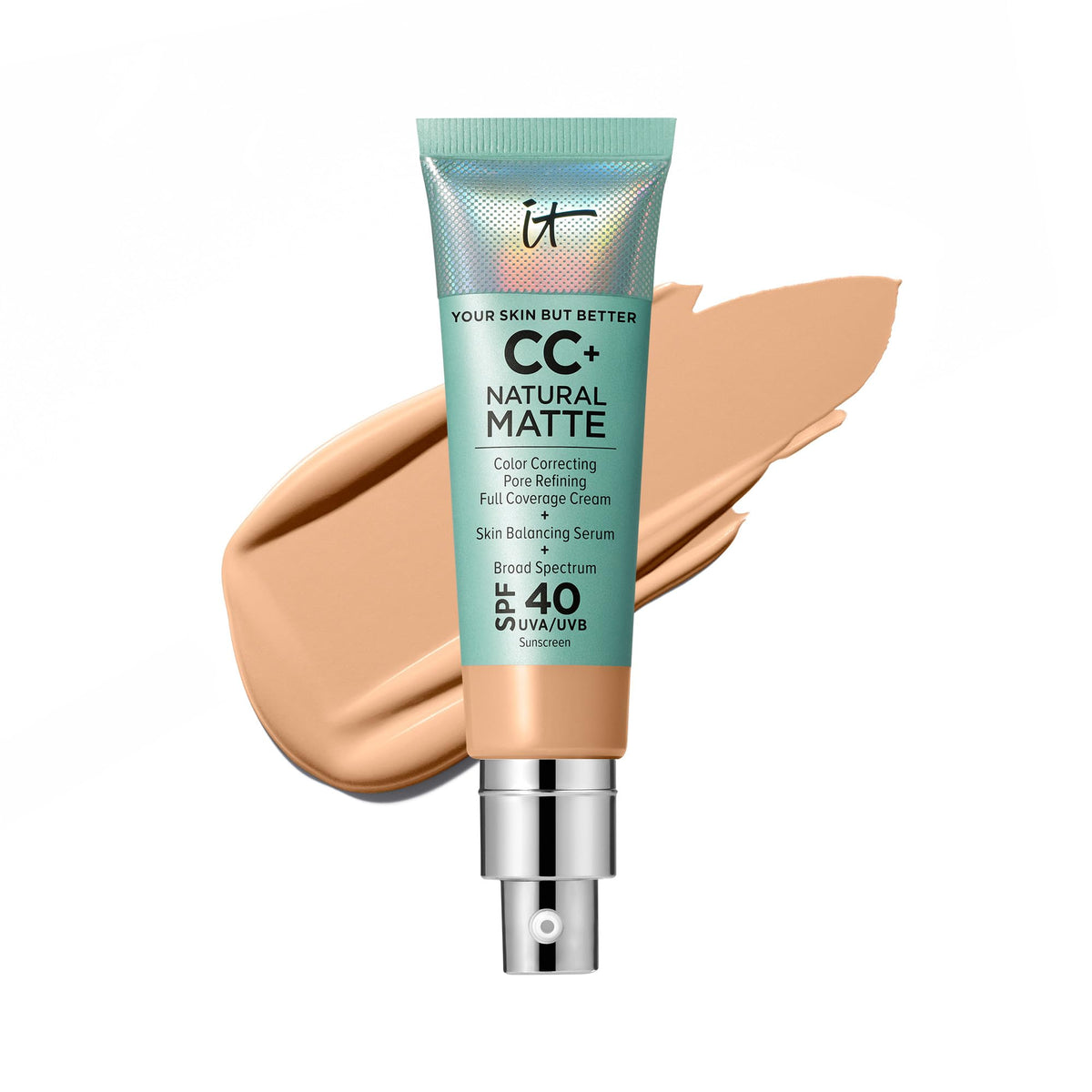 IT Cosmetics front packaging showing medium shade and SPF 40 protecting skin
