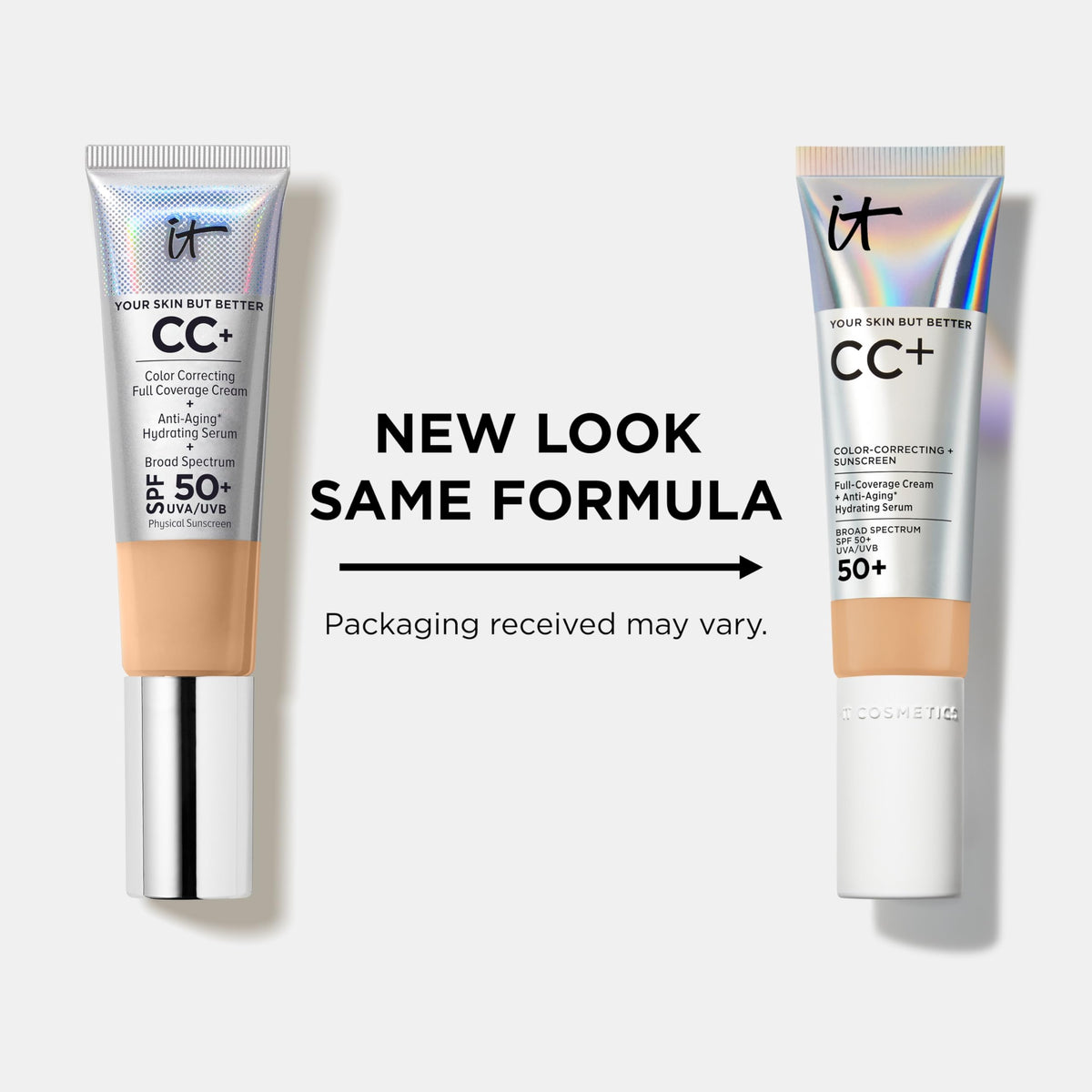 IT Cosmetics CC+ Cream size comparison next to daily skincare bottle for scale