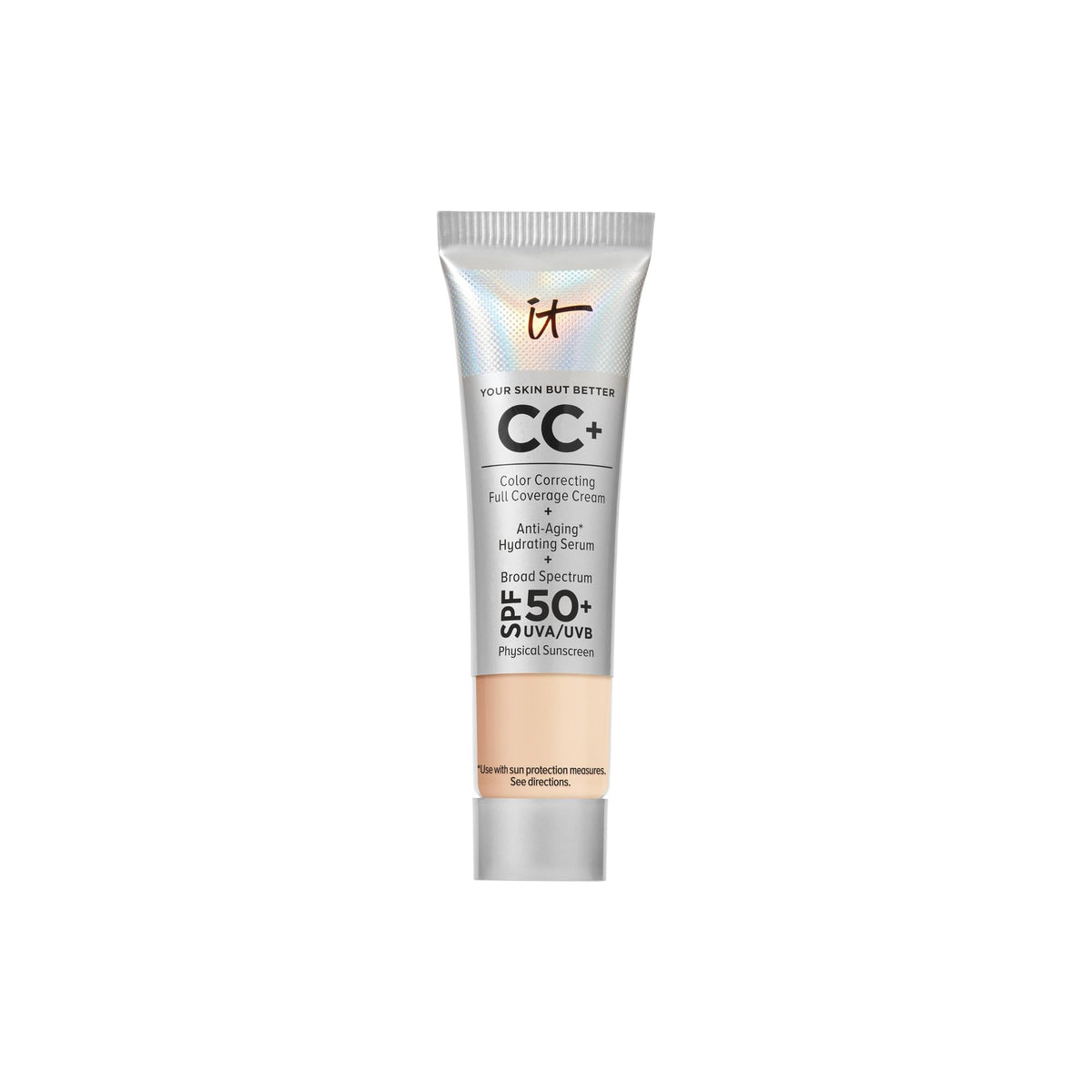 IT Cosmetics travel tube front view showing compact foundation and SPF benefit