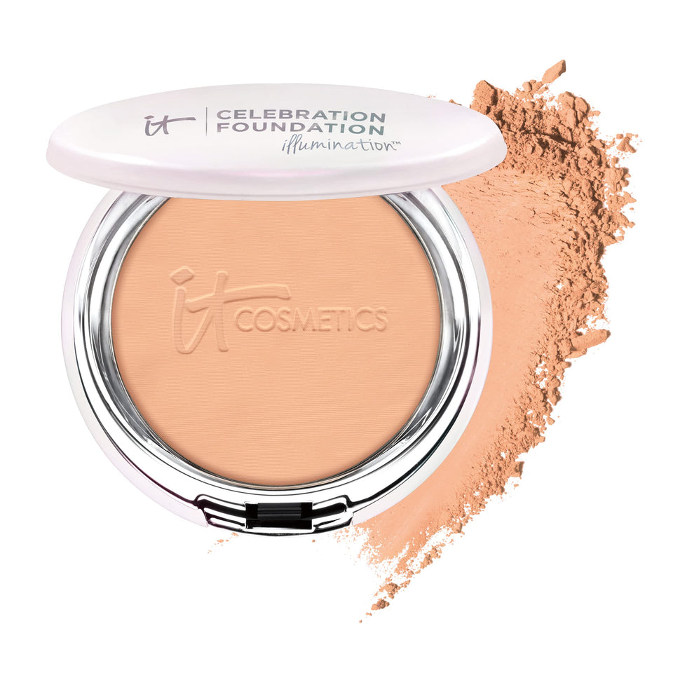 IT Cosmetics compact front view showing sleek packaging and full-coverage finish benefit
