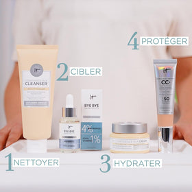 IT Cosmetics label close-up showing key ingredients for clarity and confidence