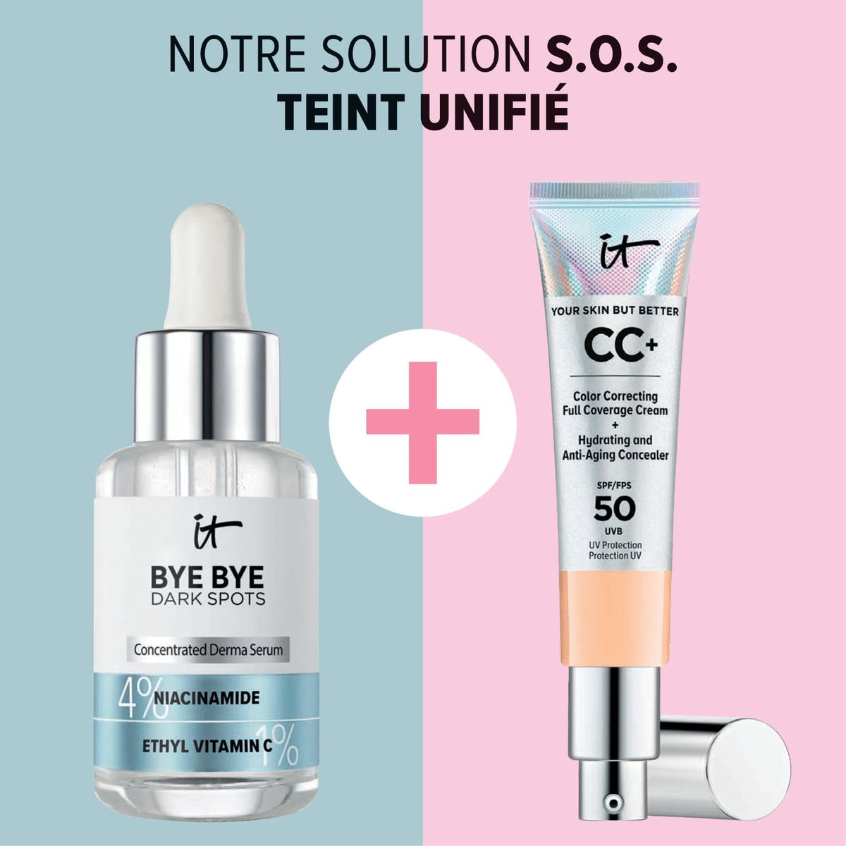 IT Cosmetics bottle styled on bathroom shelf in lifestyle scene inspiring routine adoption