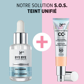 IT Cosmetics bottle styled on bathroom shelf in lifestyle scene inspiring routine adoption