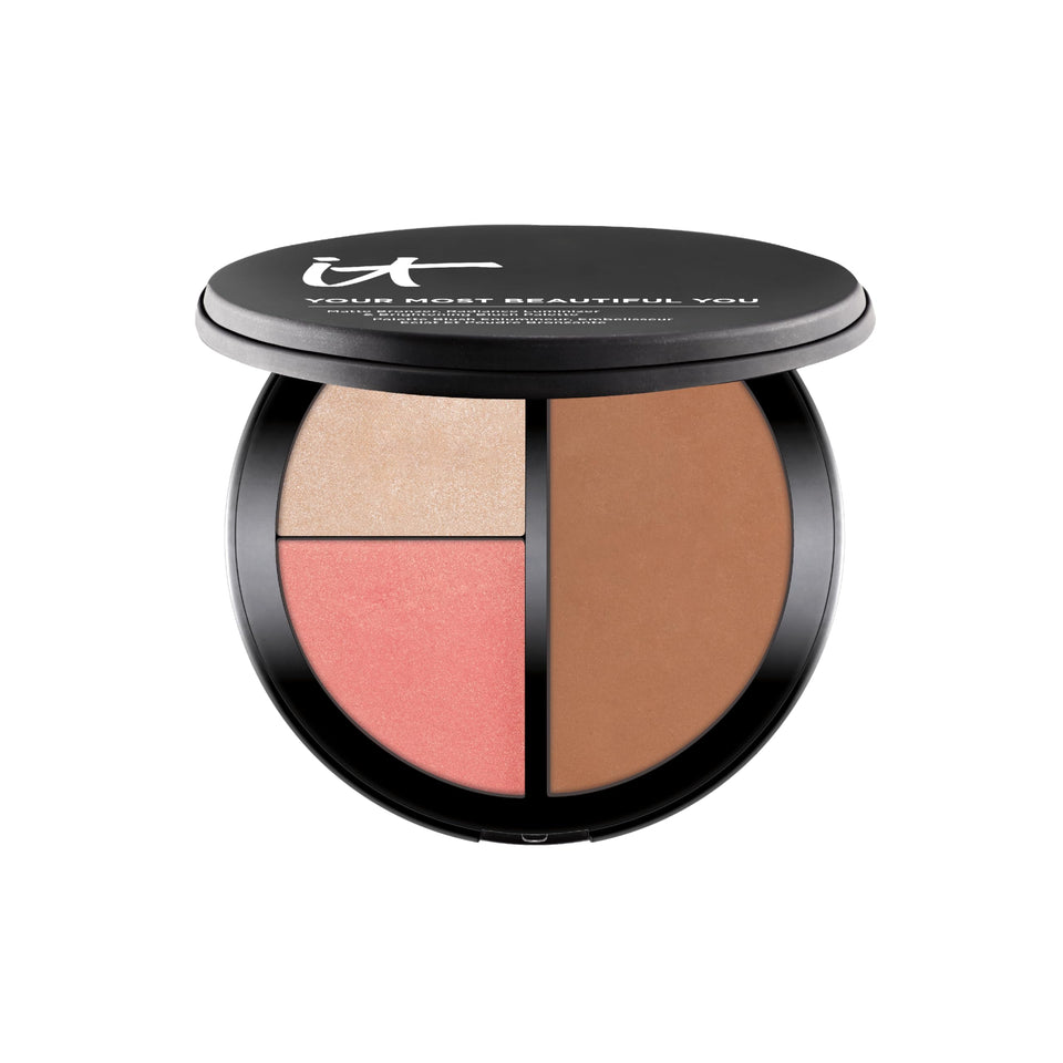 IT Cosmetics palette front packaging showing three shade trio and compact for easy travel