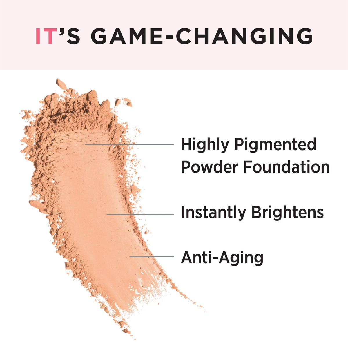IT Cosmetics powder texture close-up highlighting silky, hydrating finish benefit