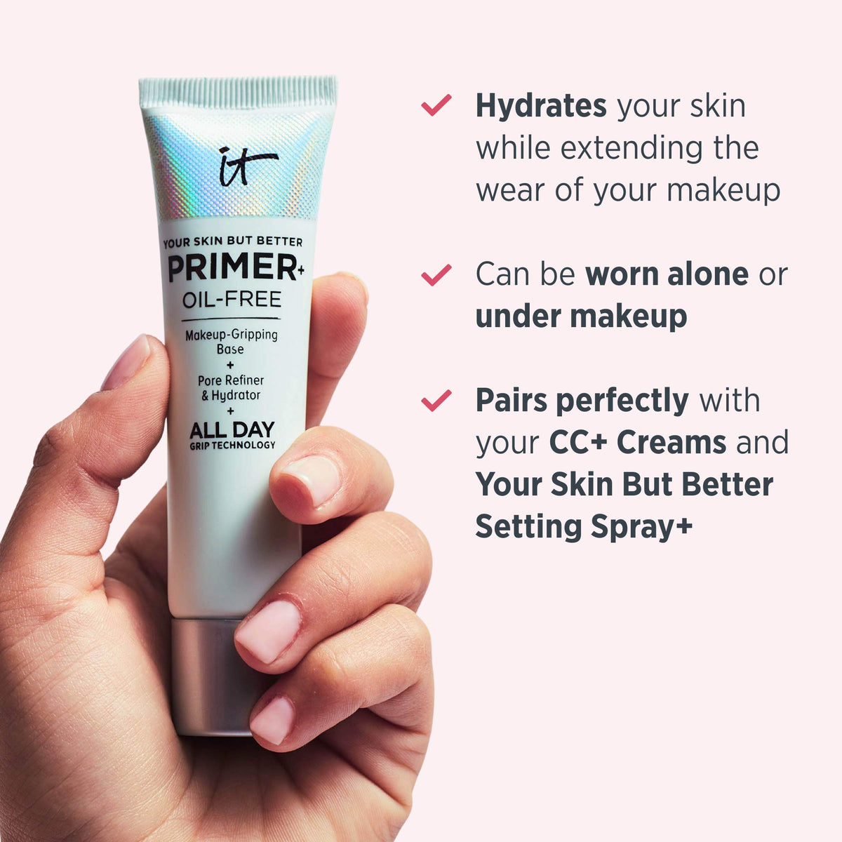 IT Cosmetics primer on bathroom vanity next to mirror portraying everyday routine benefit