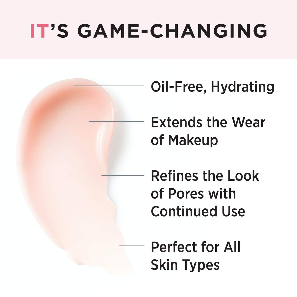 IT Cosmetics primer texture close-up illustrating smooth, hydrating formula for refined skin