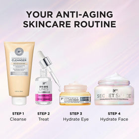 IT Cosmetics next to a ruler showing 2 fl oz scale and travel-friendly benefit