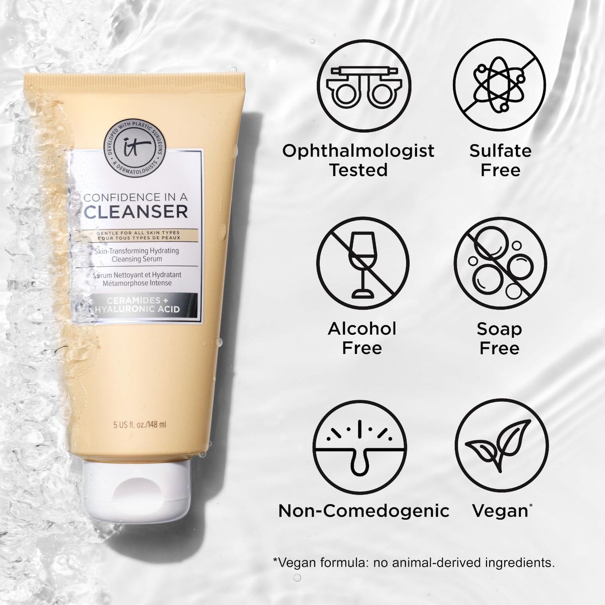 IT Cosmetics bottle in hand showing 5 fl oz size and travel-friendly scale